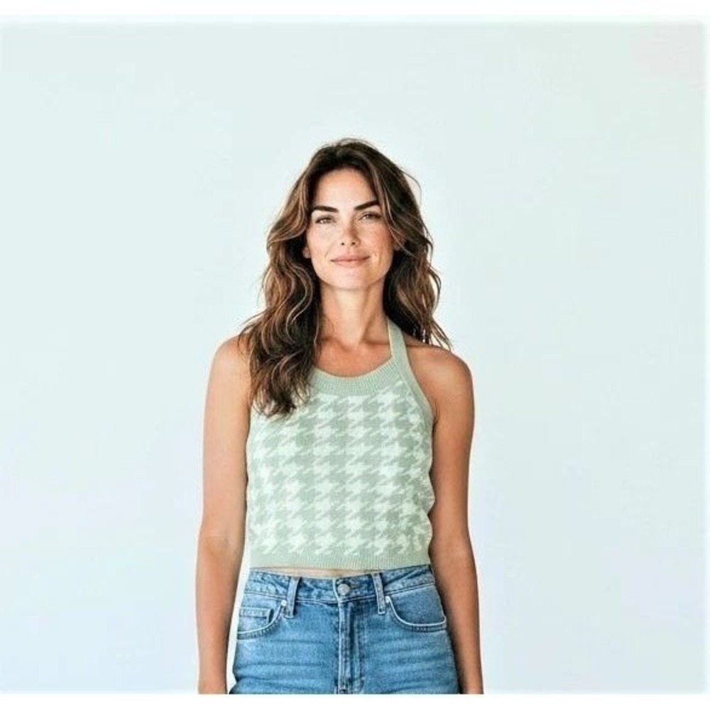 Promesa Sage Green Houndstooth Knit Halter‎ Crop Top Tie Back New
